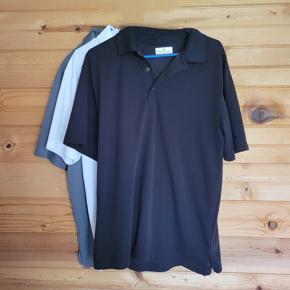 GRANDSLAM Performance Men's Polo T-Shirts, 3 Pack Grey, White, Black/Size Large